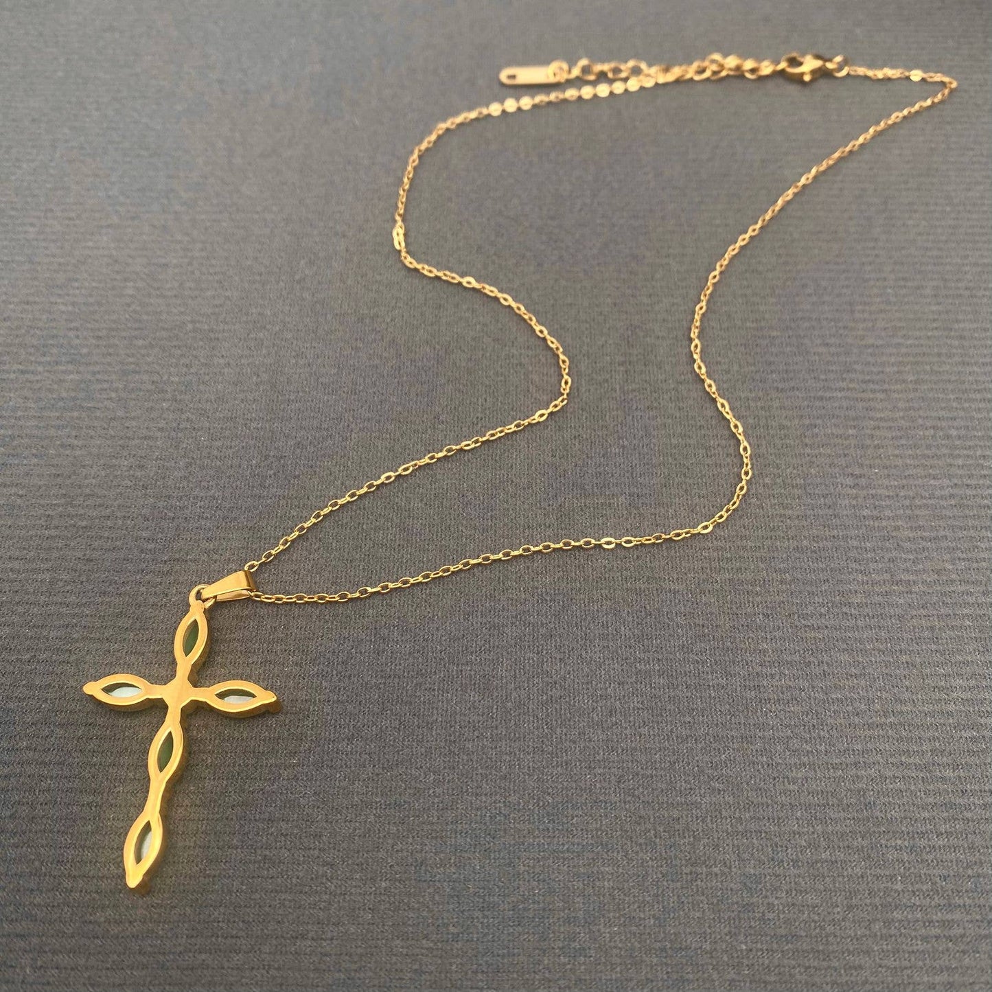 Cat's Eye stone Inlaid Cross 18K Golden SS Necklace - FGS