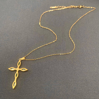 Cat's Eye stone Inlaid Cross 18K Golden SS Necklace - FGS