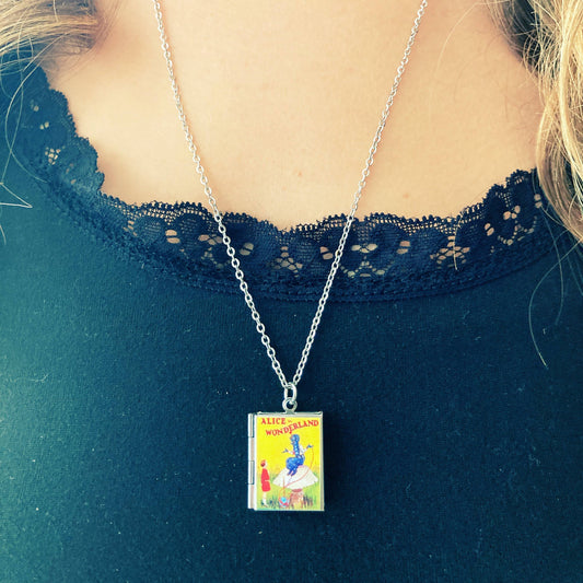 Book Locket Alice In Wonderland - Yellow with Caterpillar - Stainless Steel