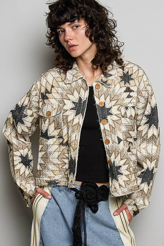 Geometric Star Wide Long Sleeve Quilted Stitch Woven Jacket