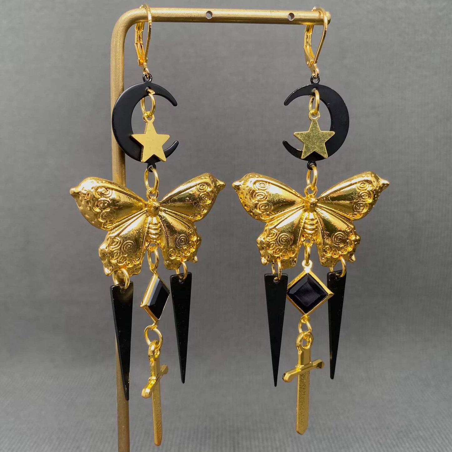 Vintage Black Moon Golden Butterfly Dangle Earrings - MS