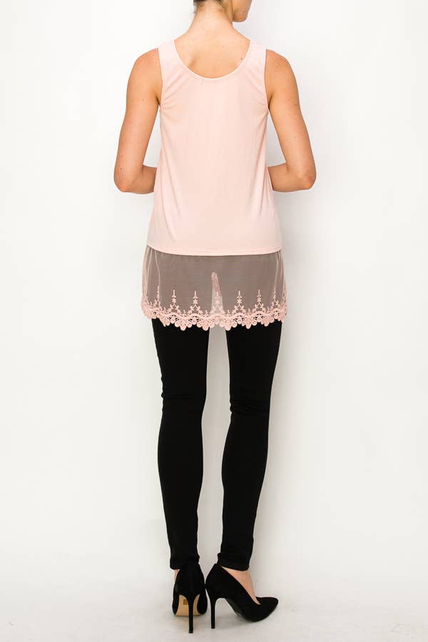 Soft Relaxed Tank With Delicate Floral Laced Hem - Pink