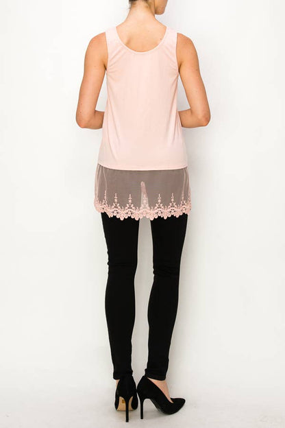 Soft Relaxed Tank With Delicate Floral Laced Hem - Pink