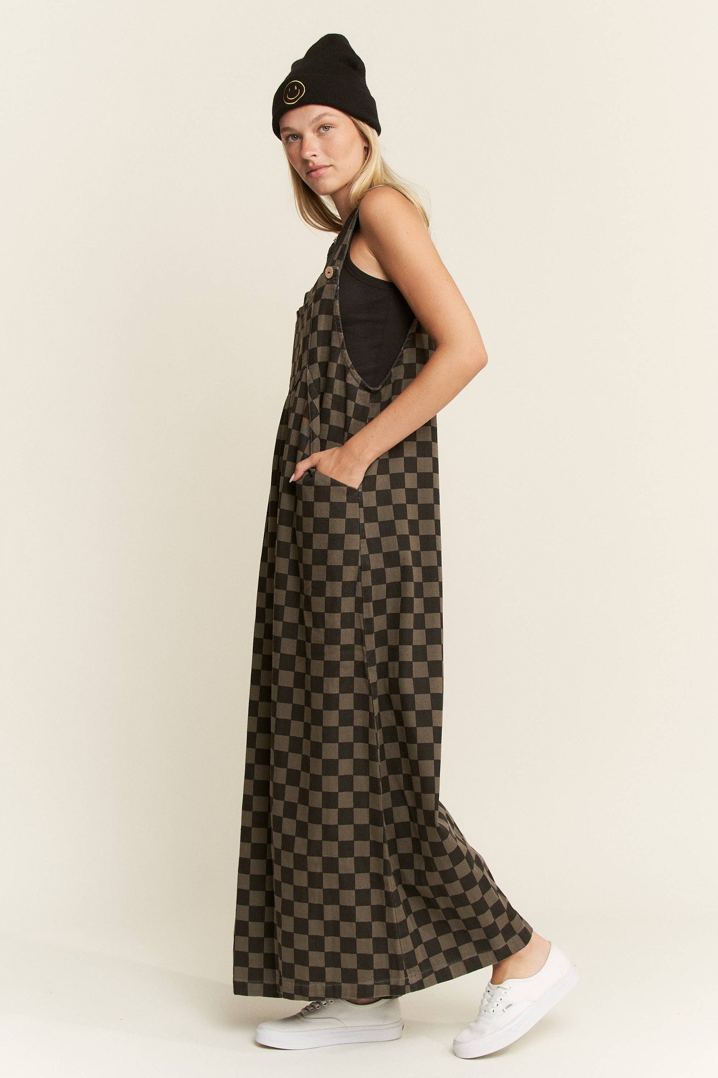 Curve Wide-Leg Overalls - Charcoal/Black Checker