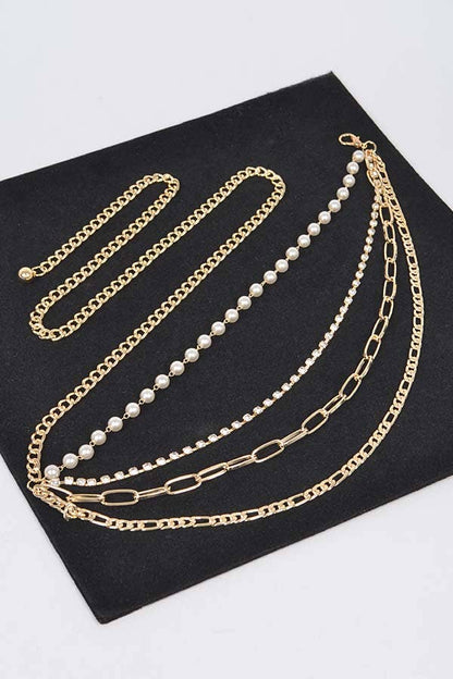 Multi Layered Chain Belt with Pearl Waist - Gold
