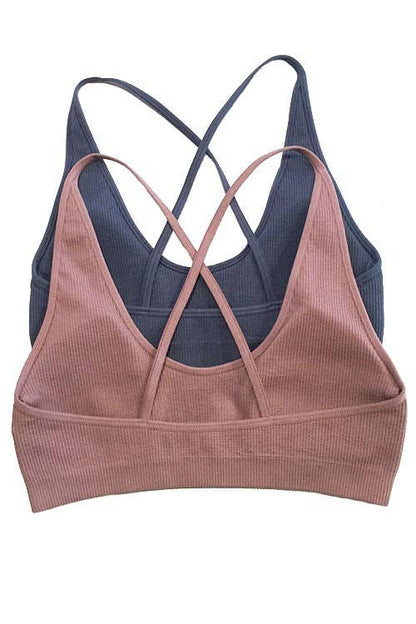 Seamless Ribbed Cross Back Bralette -One Size (Choose Color)