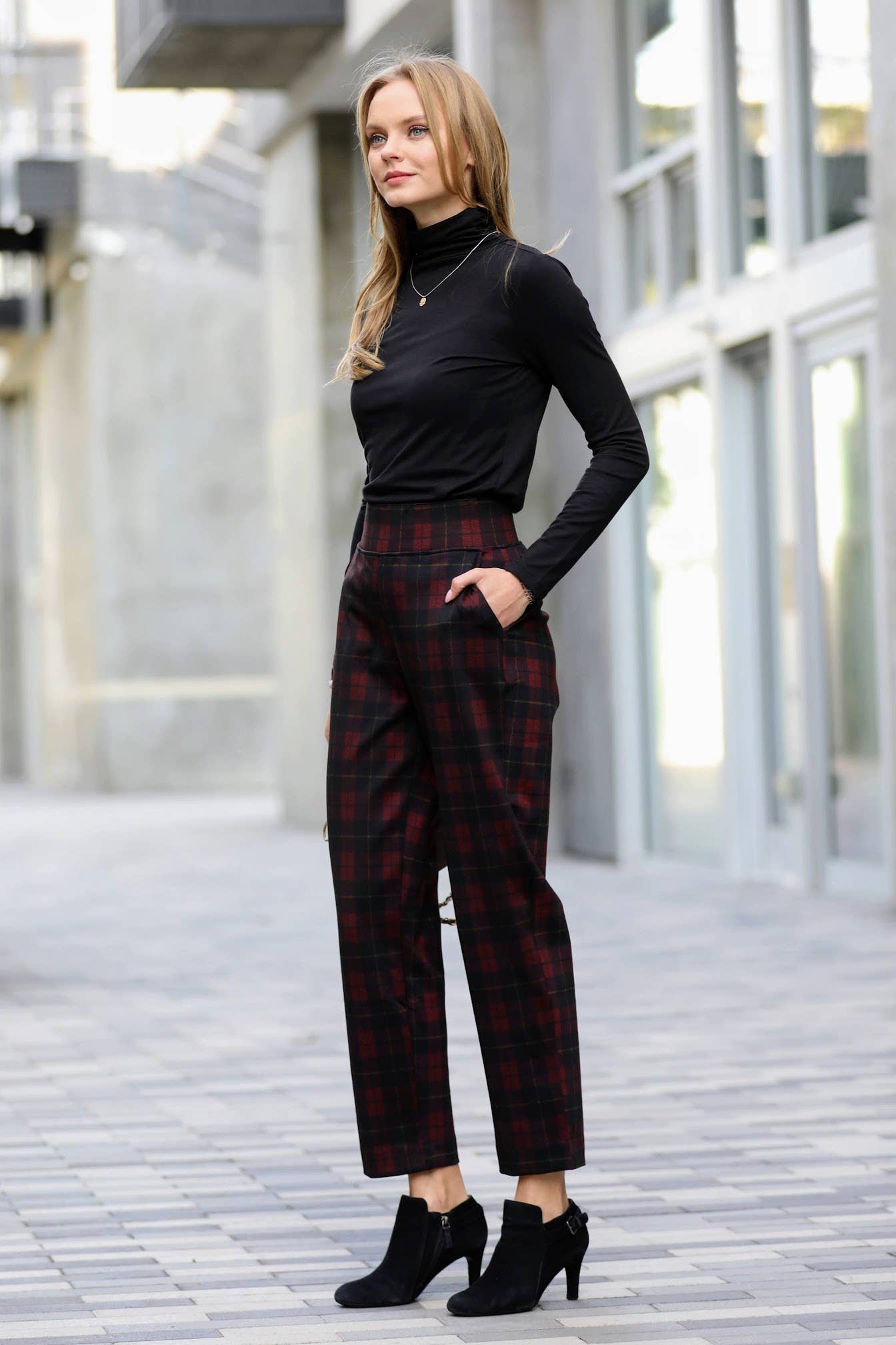 Plaid Pull On Dress Pants- Burgundy