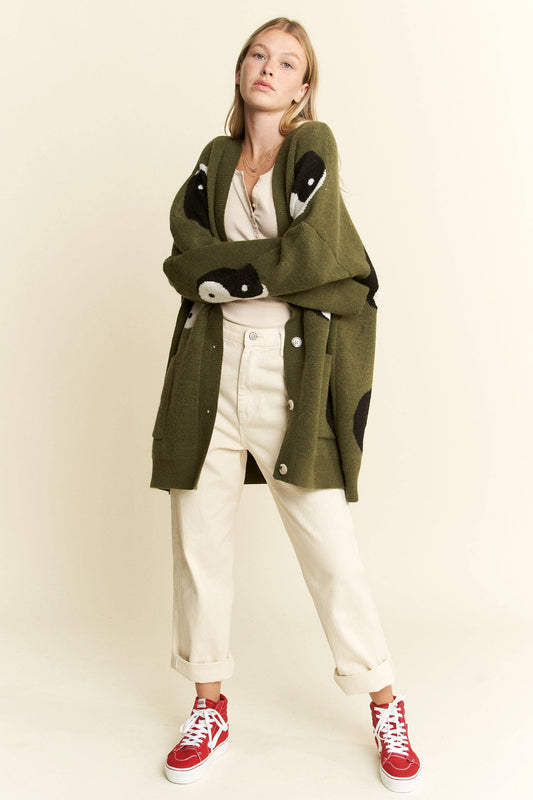 Oversized Yin Yang Cardigan - Olive