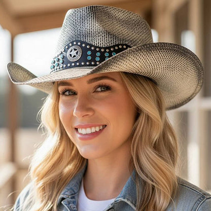 Rustic Straw Cowboy Hat With Silver And Turquoise Studs Faux