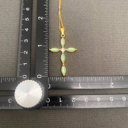 Cat's Eye stone Inlaid Cross 18K Golden SS Necklace - FGS