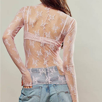 Lux Layering Floral Lace See Through Mesh Top Blouse - Pink