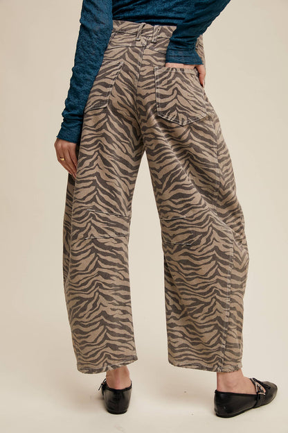 Zebra Print Barrel Jeans - Mocha