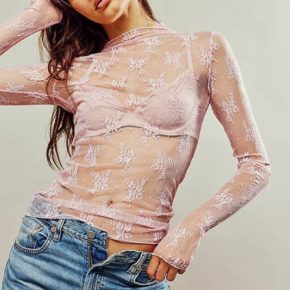 Lux Layering Floral Lace See Through Mesh Top Blouse - Pink