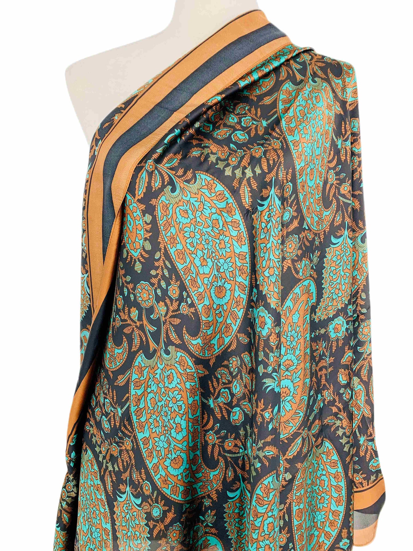 Silk-Feeling Green-Mocha Paisley Scarf