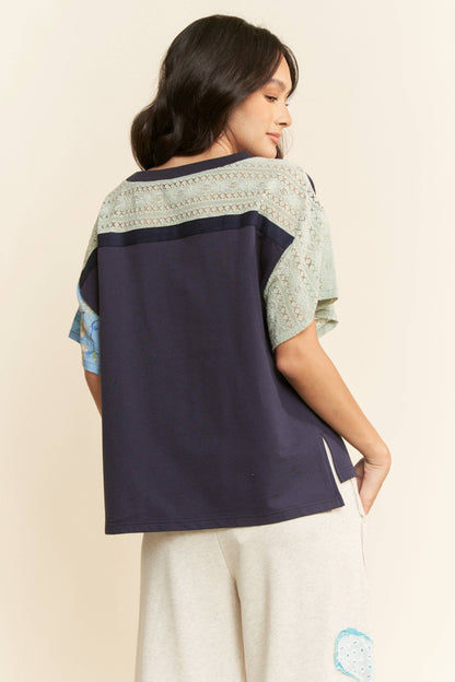 Plus Patchwork Multi Bodice Short Sleeve Top - Navy