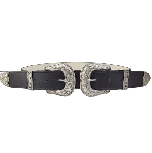 Silver Western Double Buckle Belt - Black / M