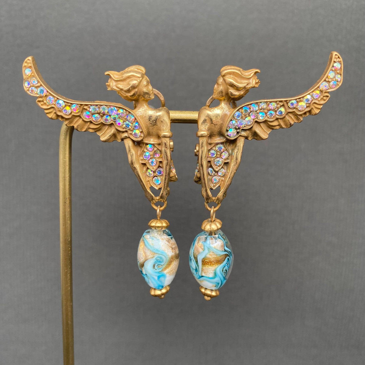Vintage Broken Wing Angel Post Earrings with Ear Clip