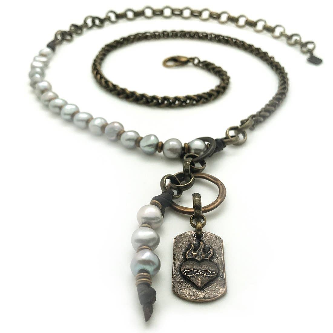 Coco Baroque Pearls Mixed Metals Opera Necklace or Choker - Bronze with Bronze Heart Tassel