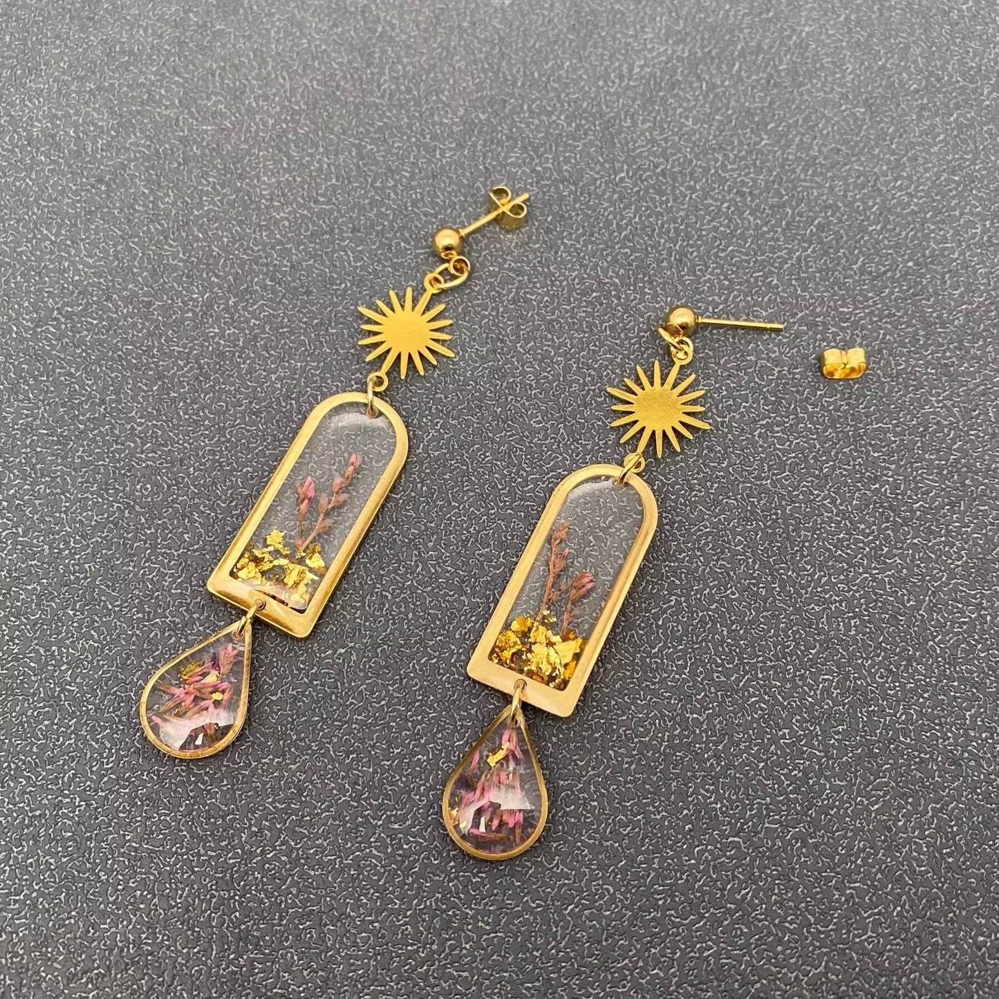 Dried Sage Flowers Geometric Charm Dangle Earrings