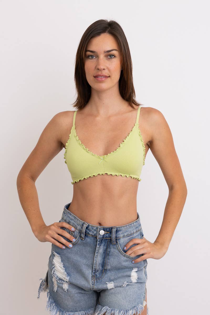Seamless Lettuce Edge Bow Tie Triangle Bralette - Lime