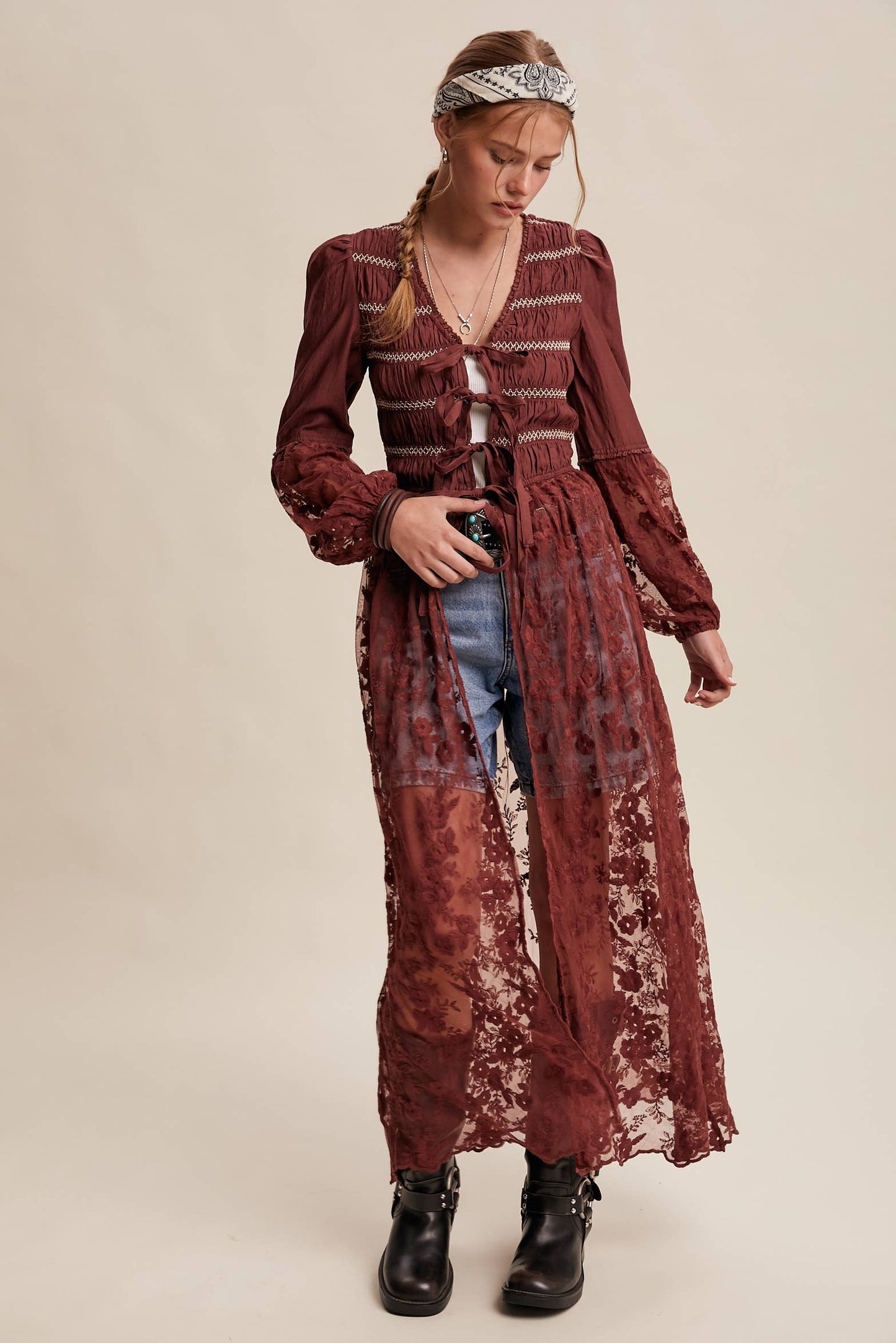 Lace-Up Embroidered Maxi Kimono - Wine