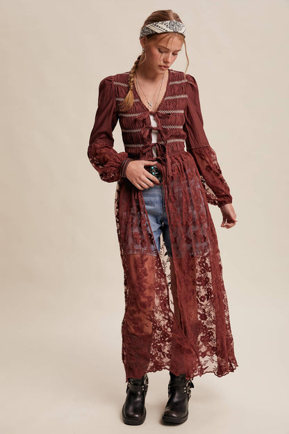 Lace-Up Embroidered Maxi Kimono - Wine