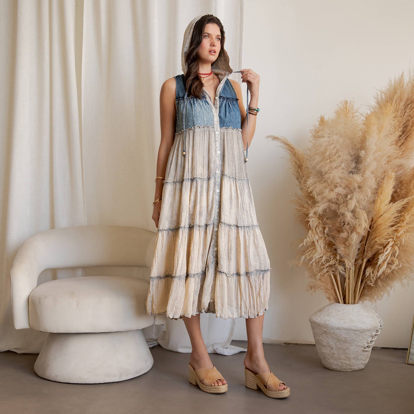 Curve Boho Tiered Duster With Hood - Latte