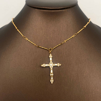 Zircon Inlaid Cross Charm 18K Gold Plated SS Necklace - FGS