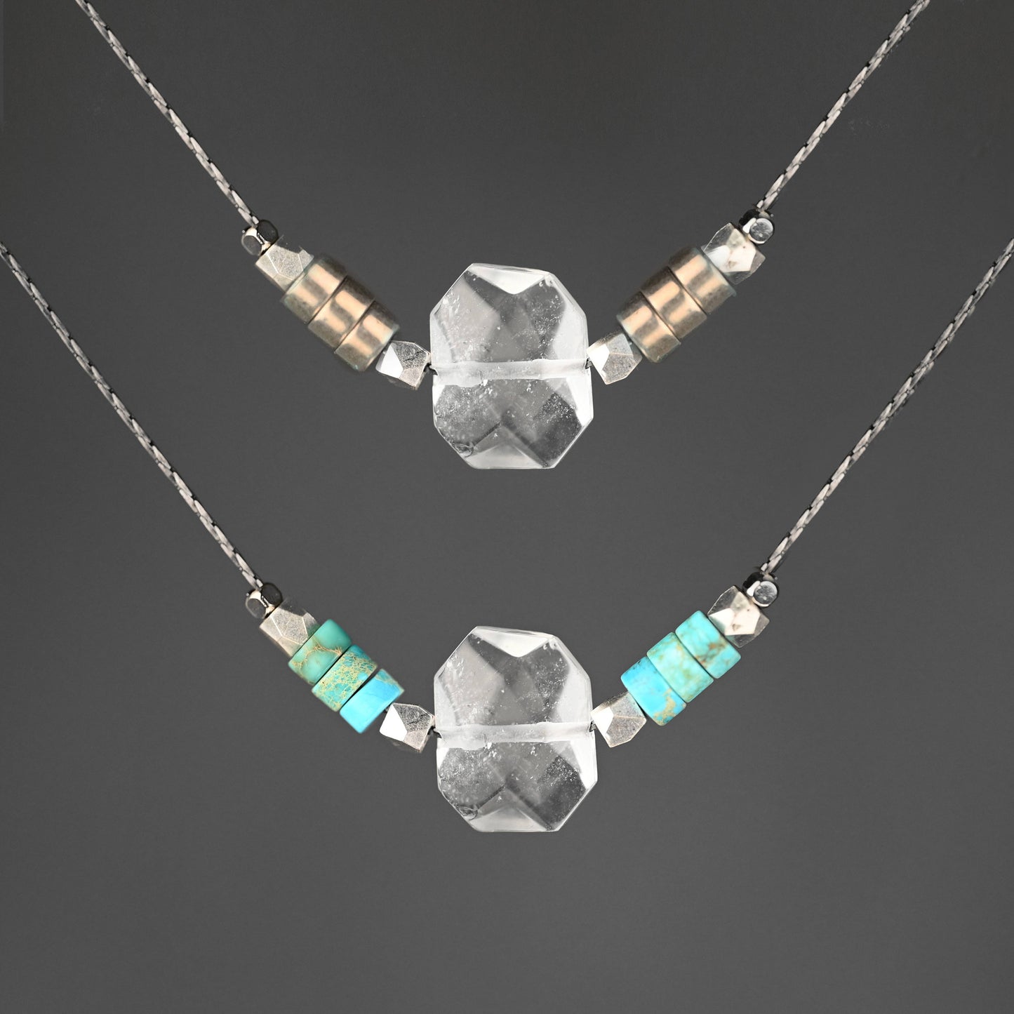 Crystal Slice & Pyrite Heishi Beaded Necklace