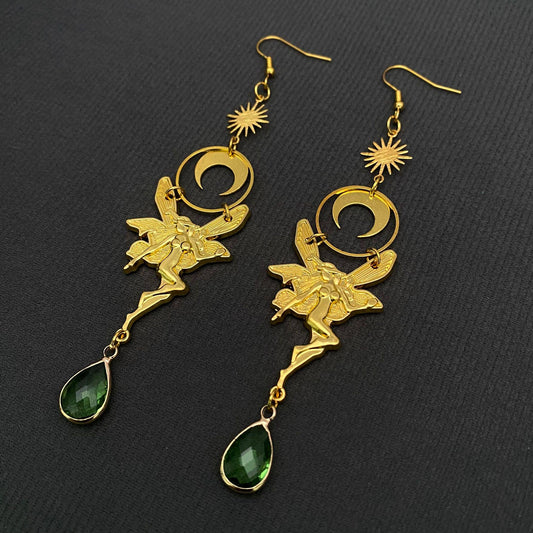 Green Crystal Elf & Moon Charm Gold Plated Earrings