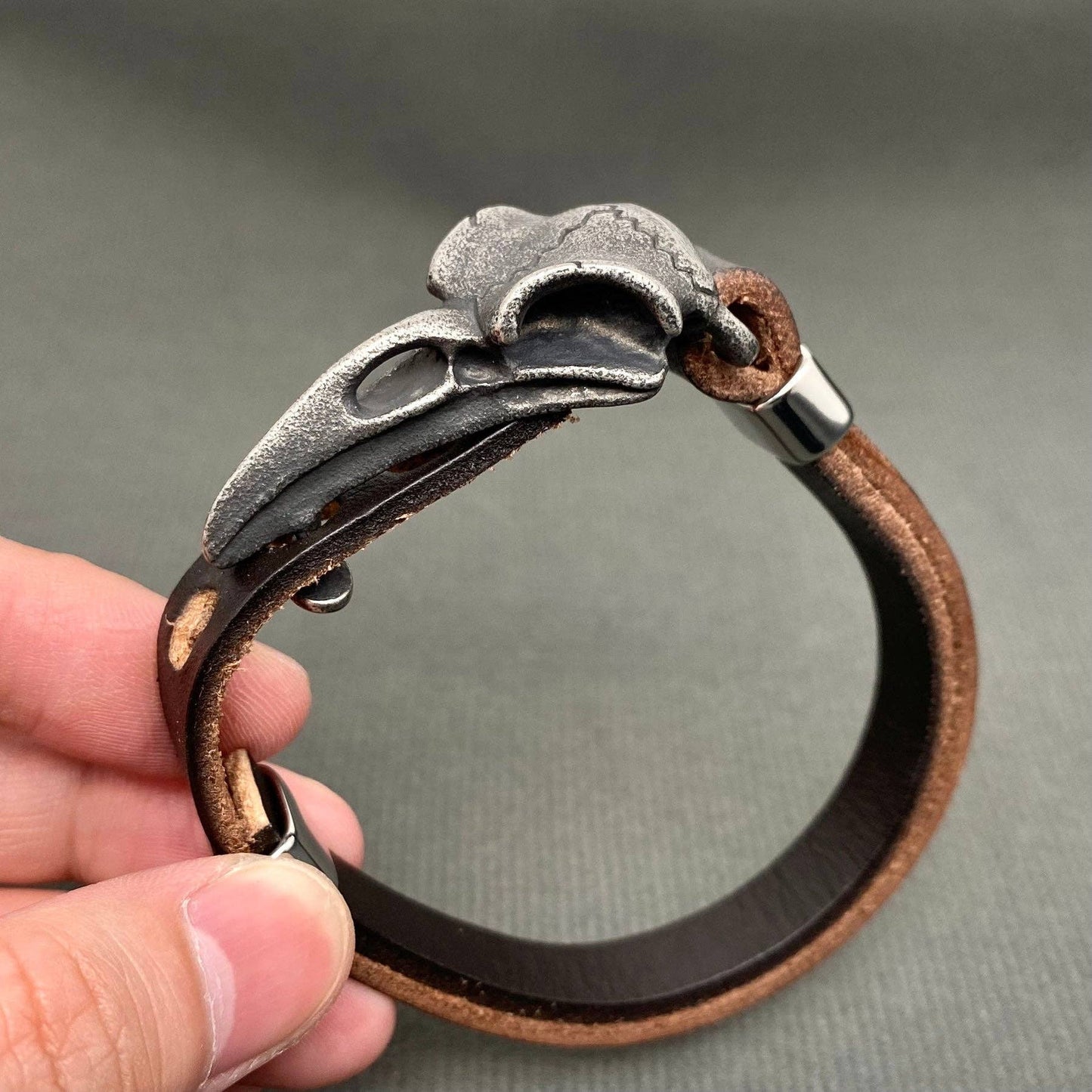 Stainless Steel Viking Crow Skull Head Cowhide Bracelet - MJ/BC