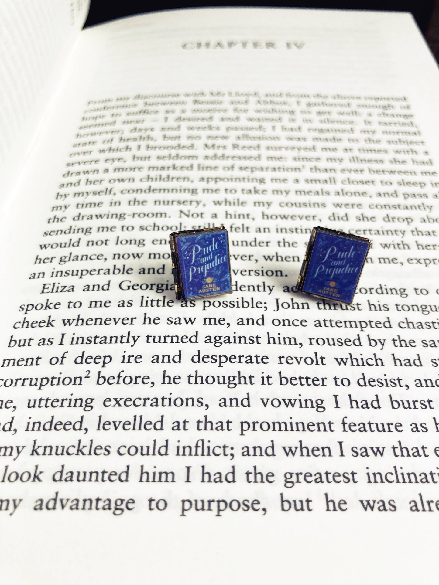 Post Earrings Book Locket Pride and Prejudice- Blue Filagree