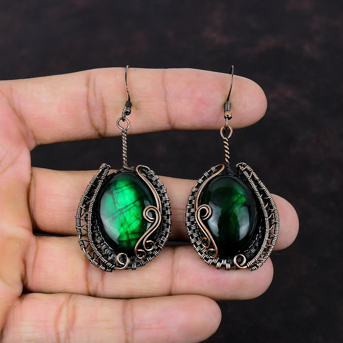 Green Fire Labradorite Copper Earrings