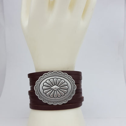 Genuine Leather Arm Cuff with Silver Concho - Brown