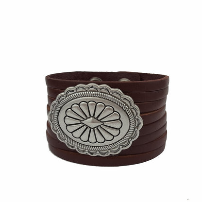 Genuine Leather Arm Cuff with Silver Concho - Brown