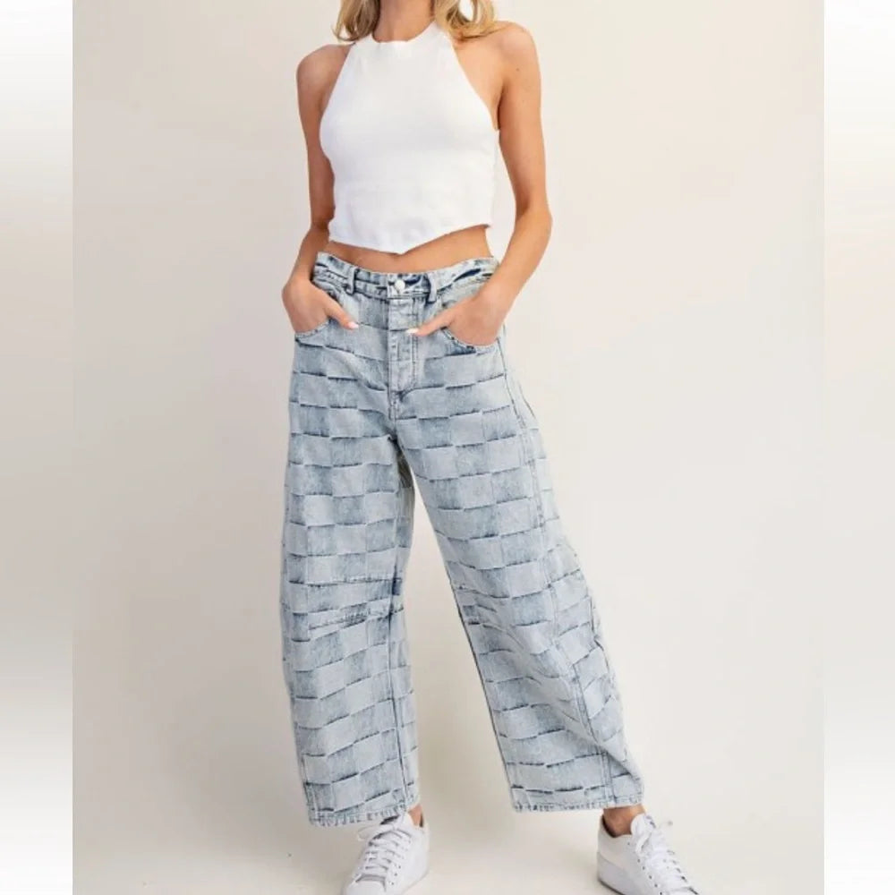 Checker Print Barrel Jean ( Mineral Wash)