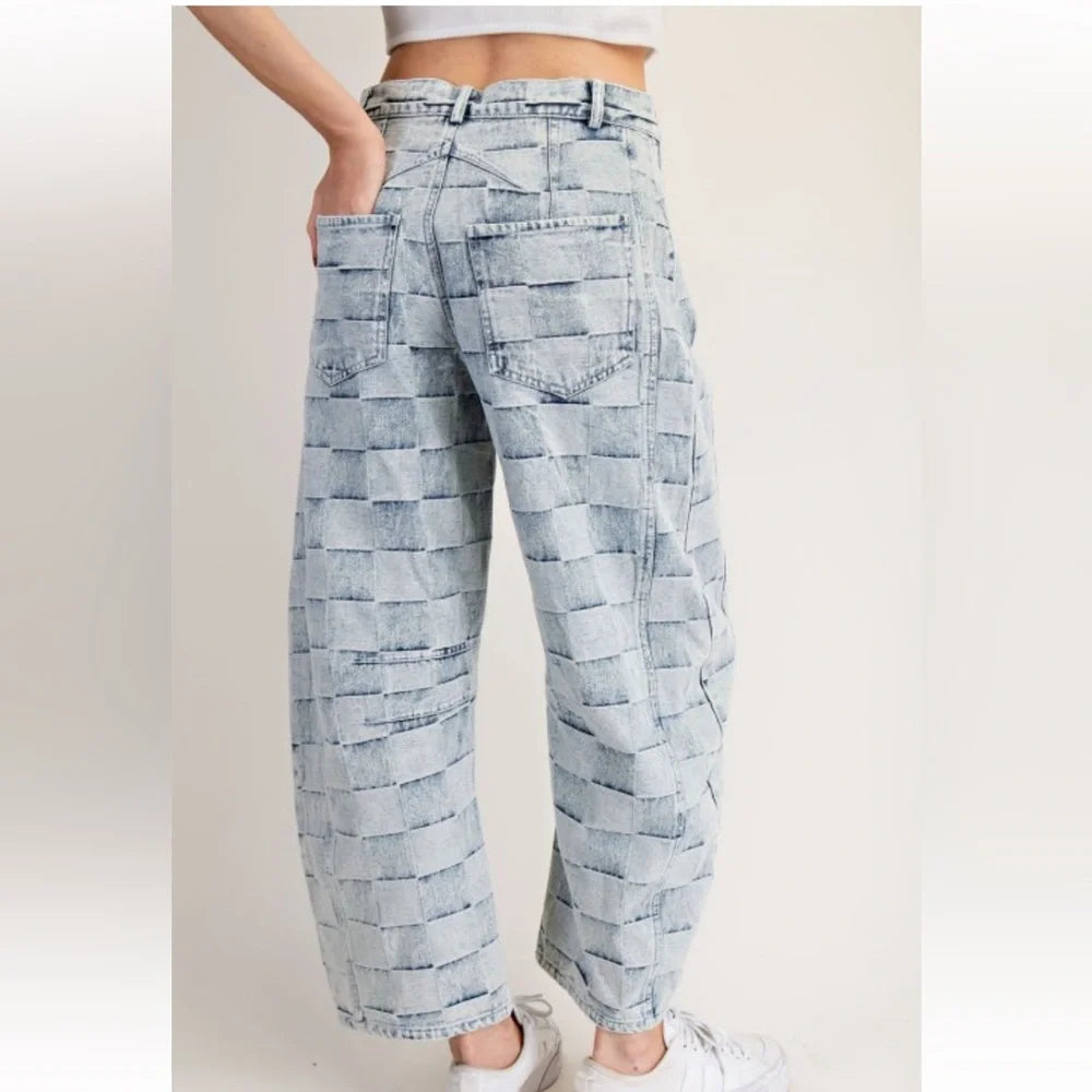 Checker Print Barrel Jean ( Mineral Wash)