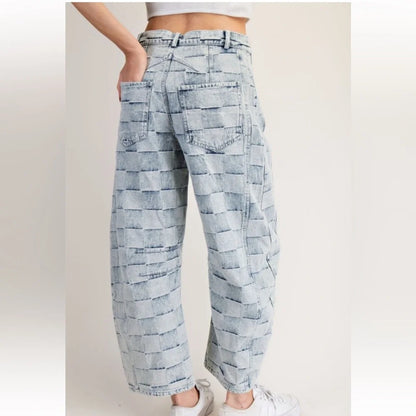 Checker Print Barrel Jean ( Mineral Wash)