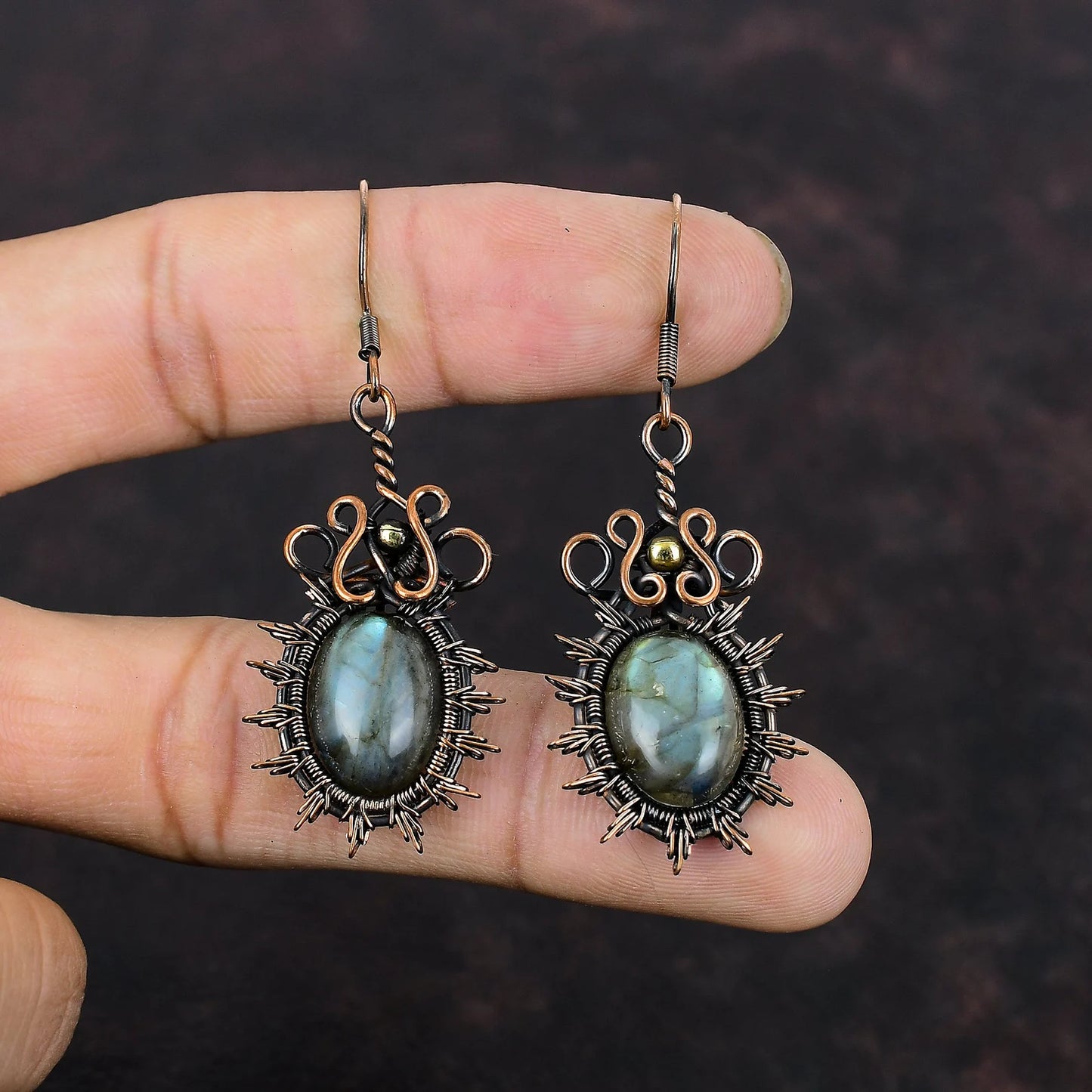 Labradorite Earrings Wrapped Copper
