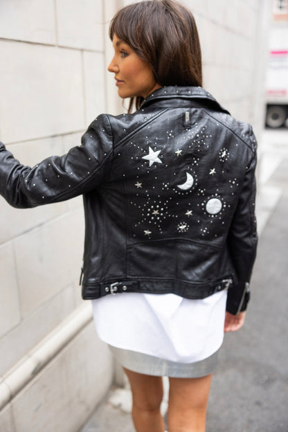 Noelia Black Silver Moon & Stars Leather Jacket