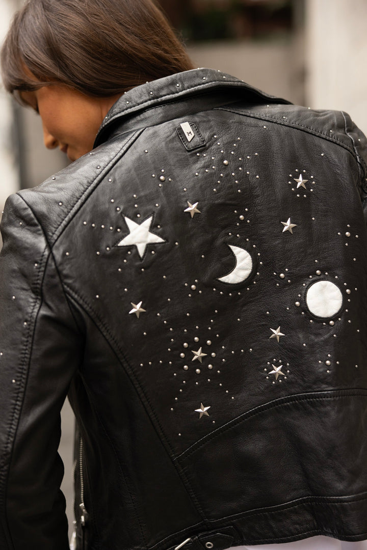 Noelia Black Silver Moon & Stars Leather Jacket