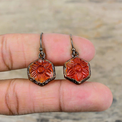 Carved Red Onyx Copper Earrings