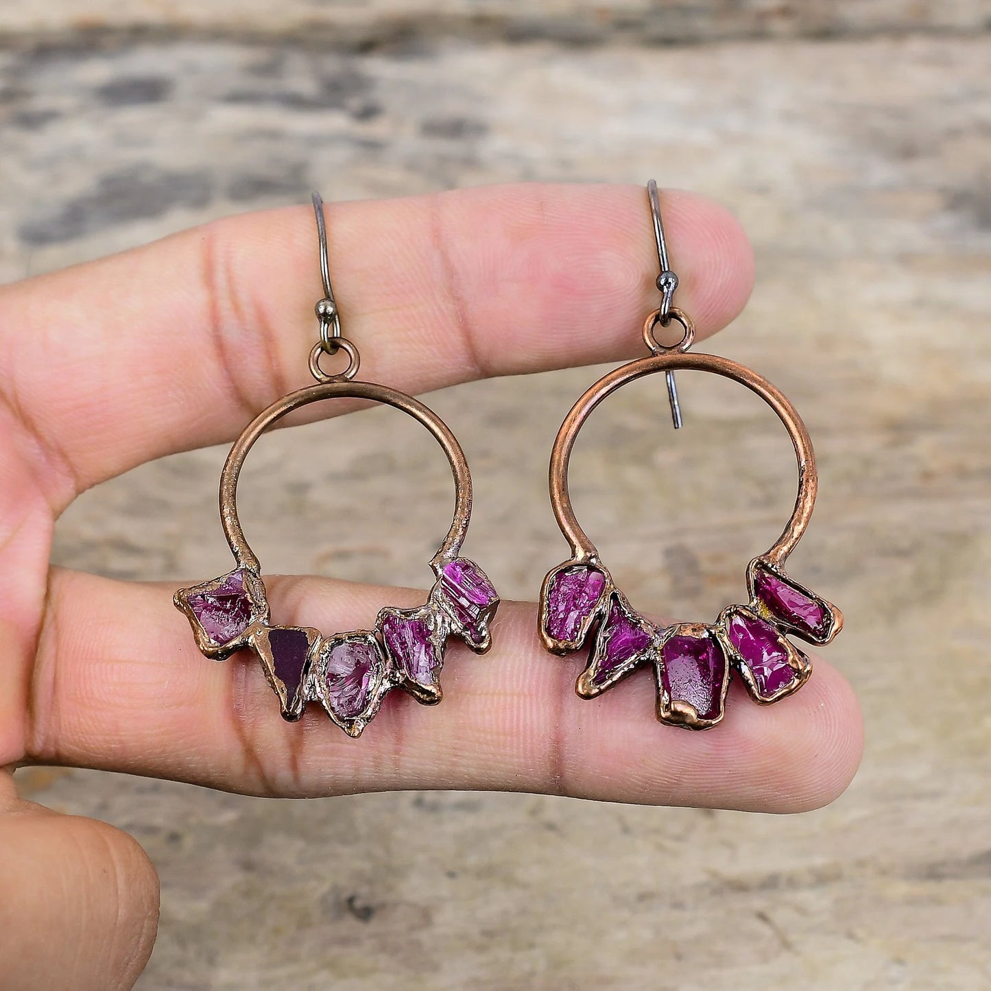 Pink Rough Tourmaline and Copper Earrings