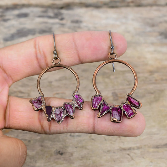 Pink Rough Tourmaline and Copper Earrings