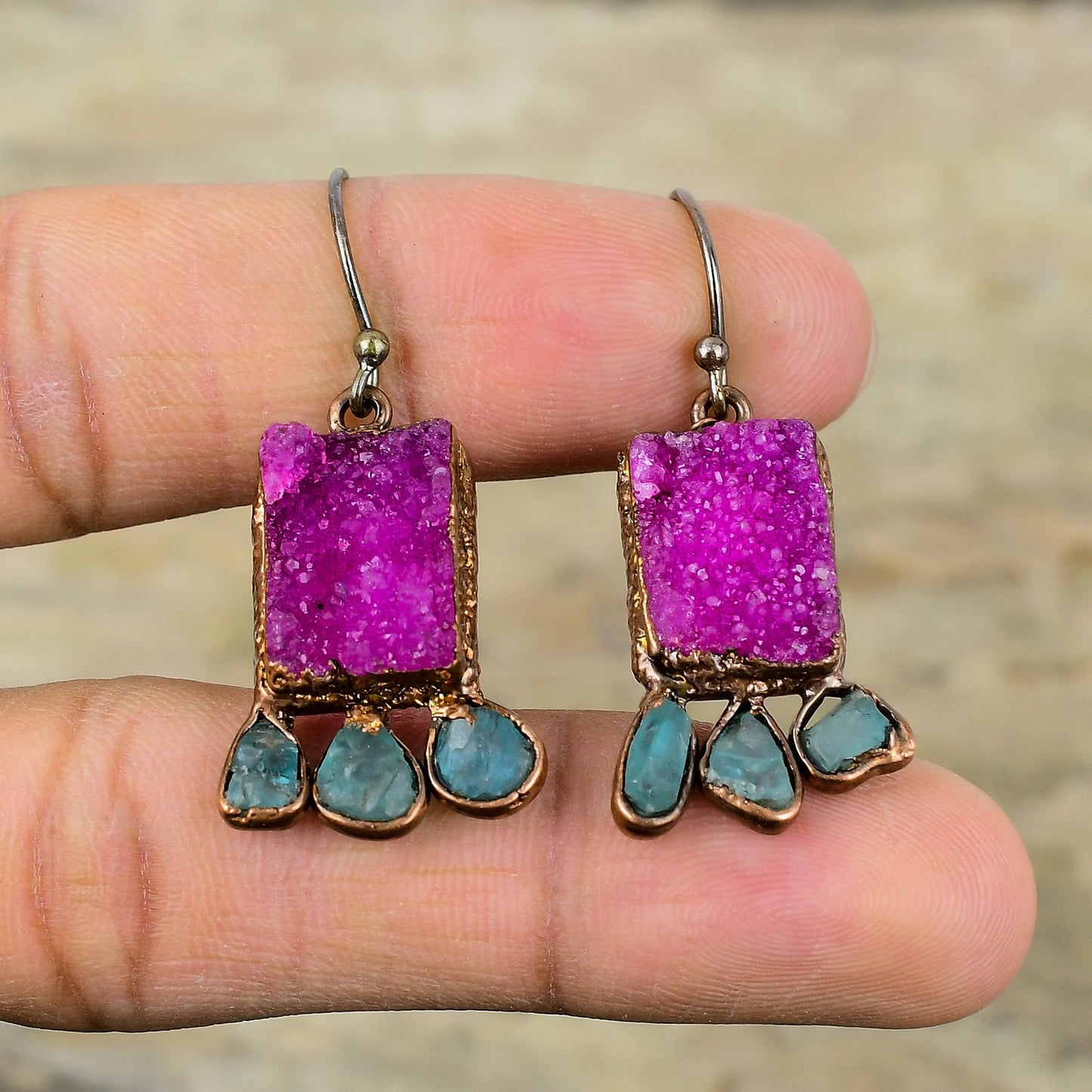 Neon Apatite Pink Druzy Earrings
