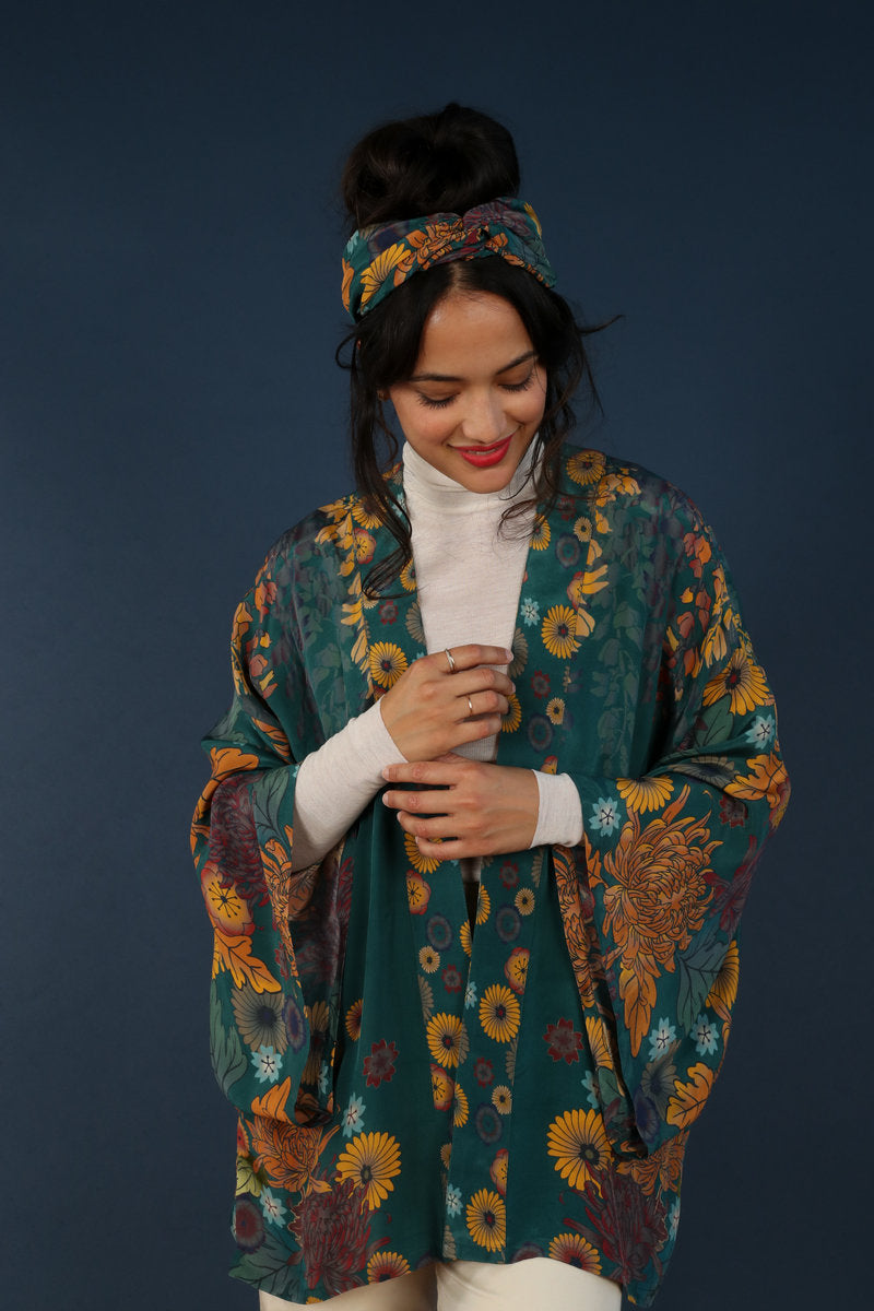 Luxe Trailing Wisteria Kimono Jacket - Teal - La De Da