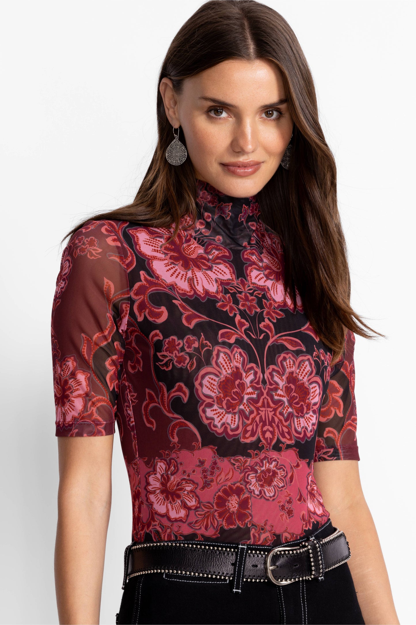Mesh Elbow Sleeve Mock Neck - Scilla