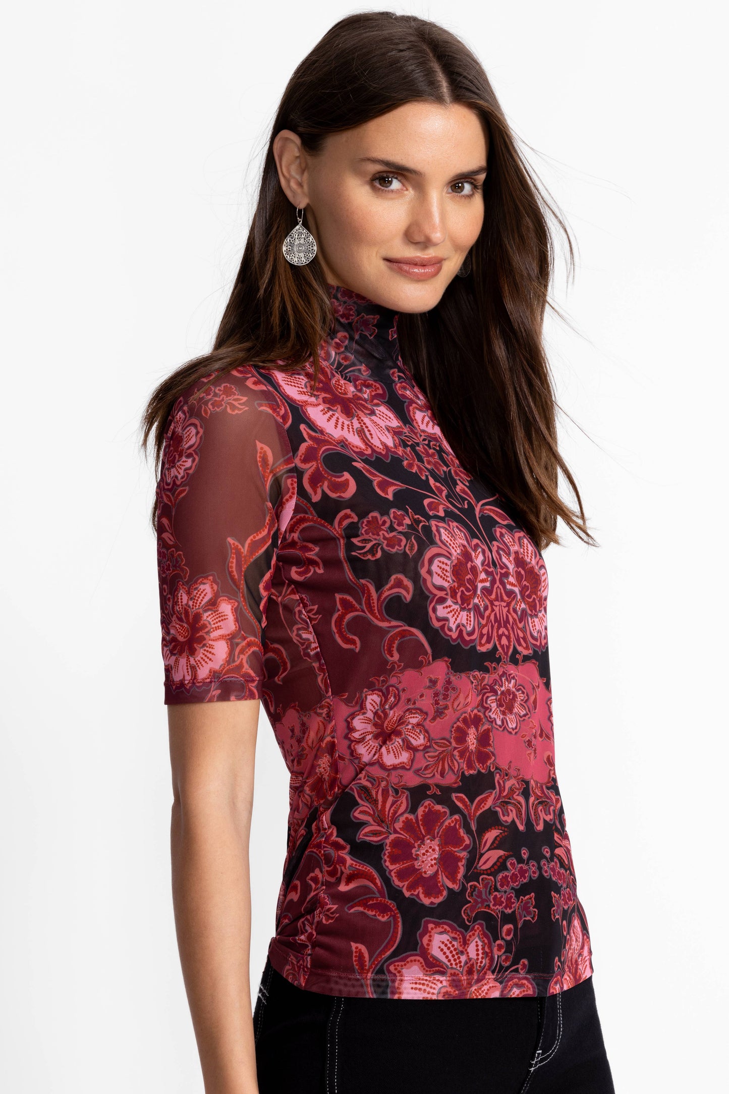 Mesh Elbow Sleeve Mock Neck - Scilla