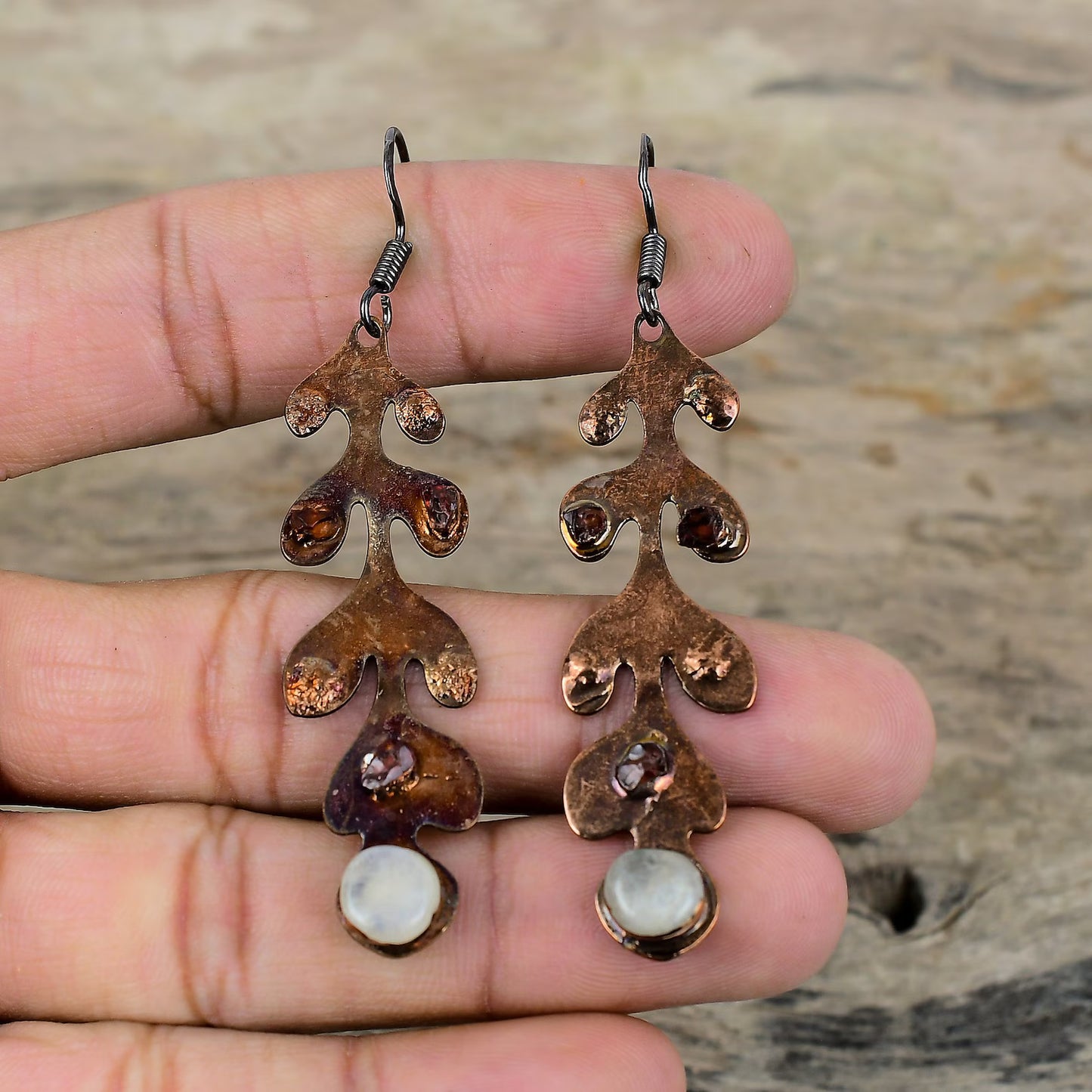 Moonstone, Pink Tourmaline and Copper Earrings