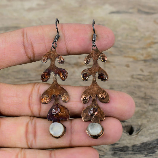 Moonstone, Pink Tourmaline and Copper Earrings